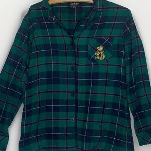 LRL Ralph Lauren Pajama Shirt Top Women’s Sz S Plaid Long Sleeve Button Up Soft